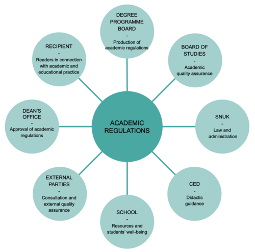 Illustration of the roles in the production of academic regulations at AU. Click and view the illustration in PDF.